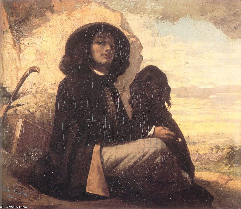 Wikioo.org – La Enciclopedia de las Bellas Artes - Pintura, Obras de arte de Gustave Courbet - autorretrato Courbet con un perro negro