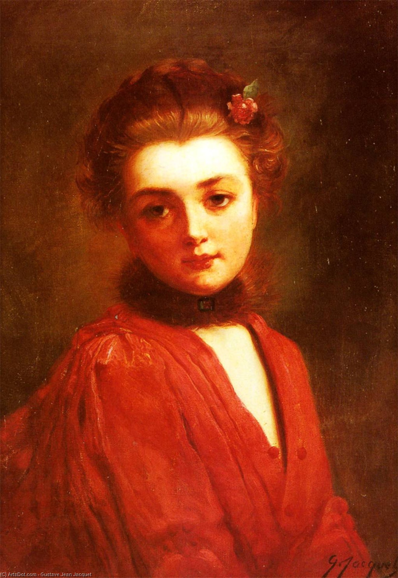 WikiOO.org – 美術百科全書 - 繪畫，作品 Gustave Jean Jacquet - 一个女孩的肖像的 在  一个  红  礼服
