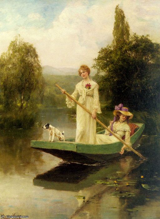 WikiOO.org - Encyclopedia of Fine Arts - Schilderen, Artwork Henry John Yeend King - Two ladies punting on the river