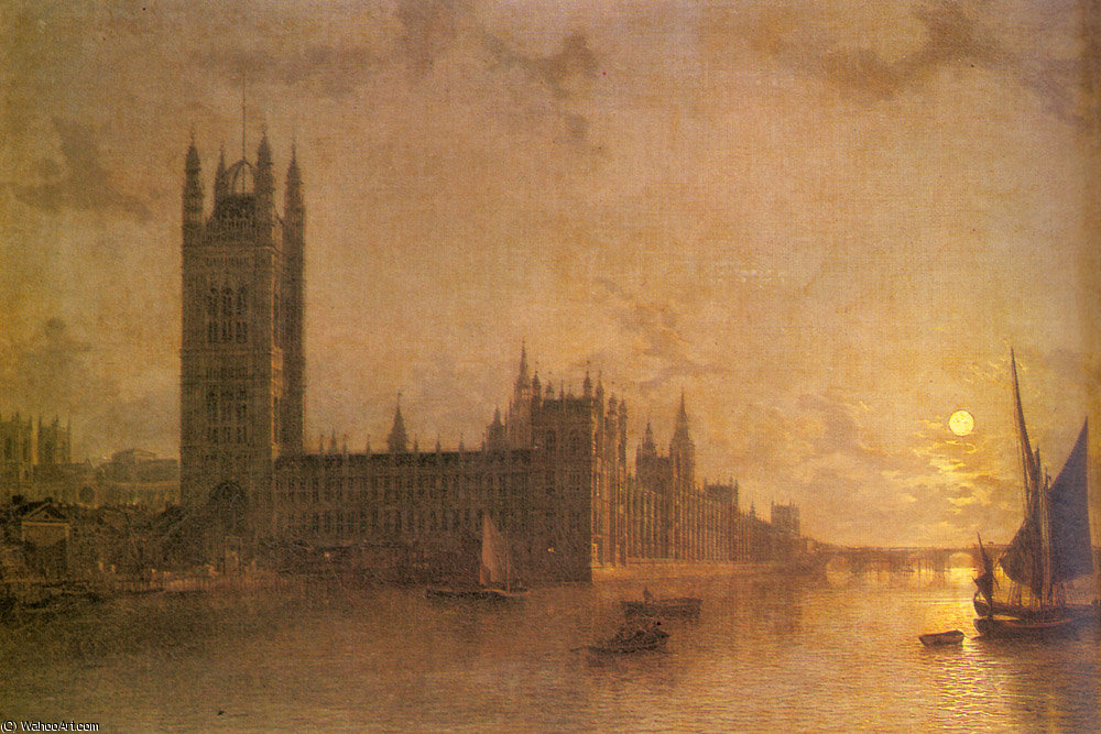 Wikioo.org - The Encyclopedia of Fine Arts - Painting, Artwork by Henry Pether - Westminster abbey the houses of parliament with the construction of westminister bridge