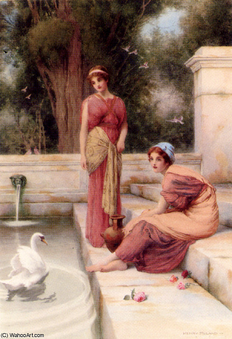Wikioo.org – La Enciclopedia de las Bellas Artes - Pintura, Obras de arte de Henry Ryland - Dos doncellas clásicos y un cisne