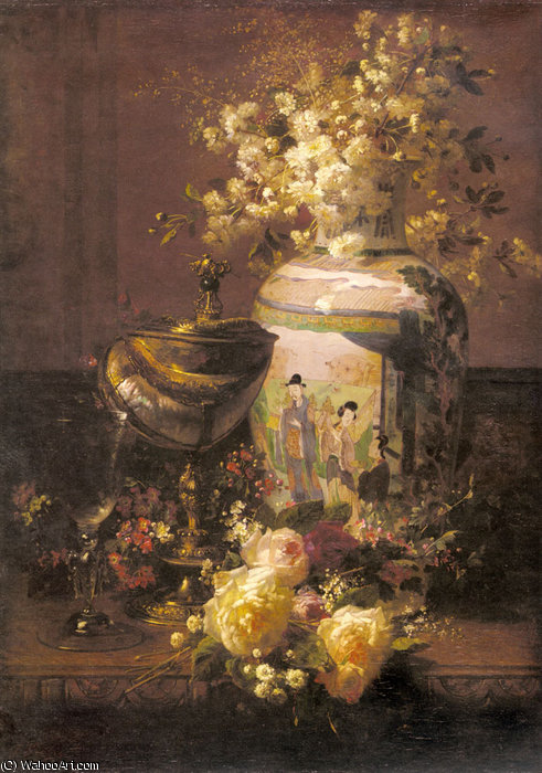 Wikioo.org - The Encyclopedia of Fine Arts - Painting, Artwork by Jean Baptiste Robie - Still life with japanese vase and flowers