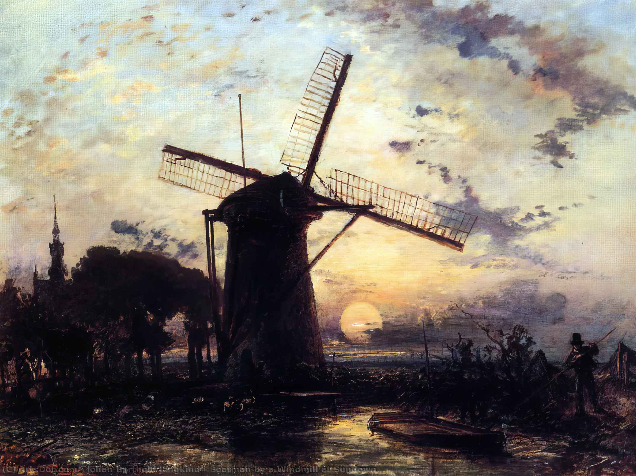 Wikioo.org - The Encyclopedia of Fine Arts - Painting, Artwork by Johan Barthold Jongkind - Boatman by a Windmill at Sundown