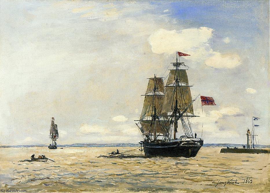Wikoo.org - موسوعة الفنون الجميلة - اللوحة، العمل الفني Johan Barthold Jongkind - Norwegian Naval Ship Leaving the Port of Honfleur