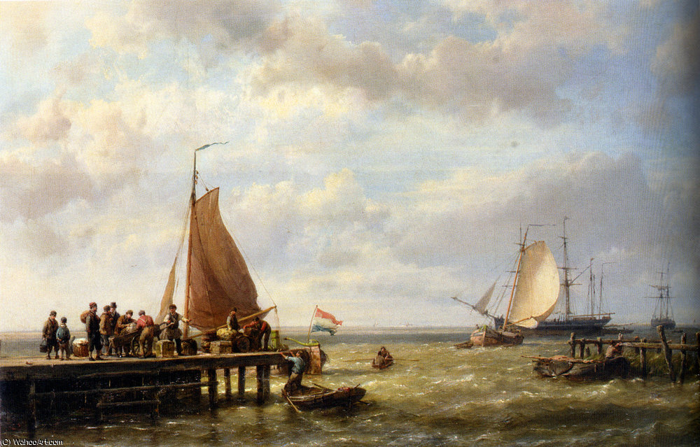 Wikioo.org - The Encyclopedia of Fine Arts - Painting, Artwork by Johannes Hermanus Koekkoek - Provisioning a Tall Ship at Anchor