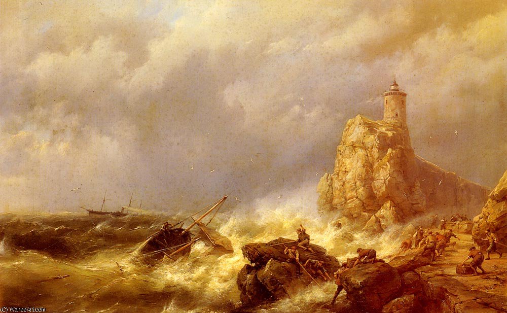WikiOO.org - Encyclopedia of Fine Arts - Schilderen, Artwork Johannes Hermanus Koekkoek - A shipwreck in stormy seas