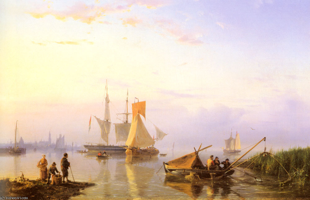 Wikioo.org - The Encyclopedia of Fine Arts - Painting, Artwork by Johannes Hermanus Koekkoek - Shipping in a calm amsterdam