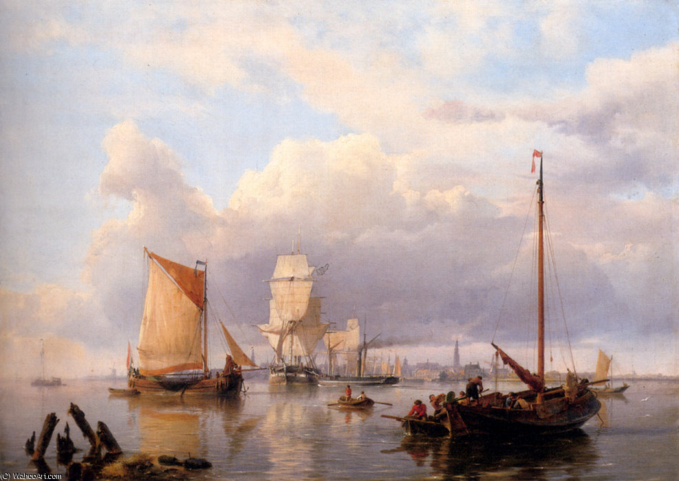 Wikioo.org - Die Enzyklopädie bildender Kunst - Malerei, Kunstwerk von Johannes Hermanus Koekkoek - Schifffahrt auf der Schelde mit Antwerpen im Hintergrund