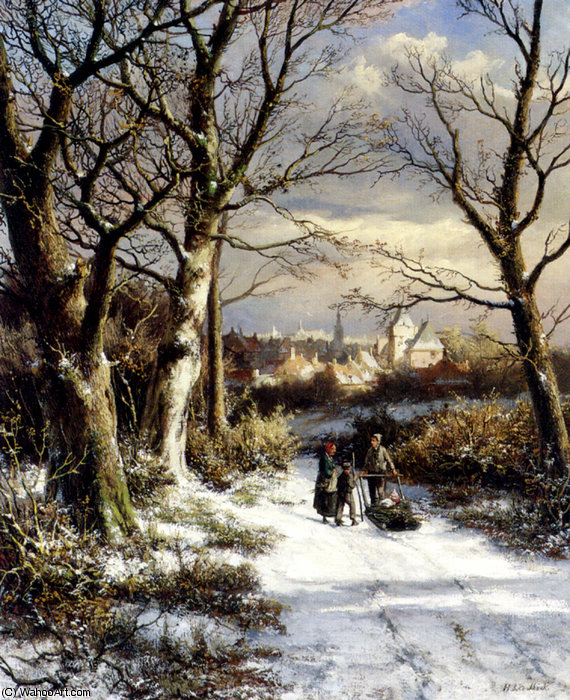 Wikioo.org - The Encyclopedia of Fine Arts - Painting, Artwork by Johannes Hermanus Koekkoek - Barend figures on a snowy road