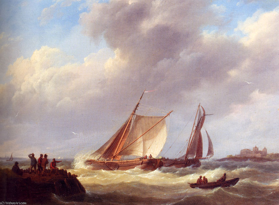 Wikioo.org - The Encyclopedia of Fine Arts - Painting, Artwork by Johannes Hermanus Koekkoek - Fishermen on a jetty overlooking a river estuary