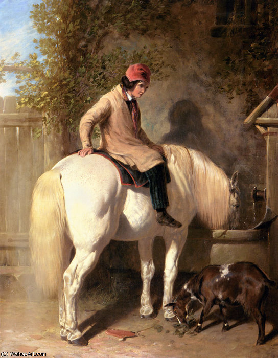Wikioo.org - Die Enzyklopädie bildender Kunst - Malerei, Kunstwerk von John Frederick Herring Senior - Erfrischung ein Junge wässert seine grauen Pony