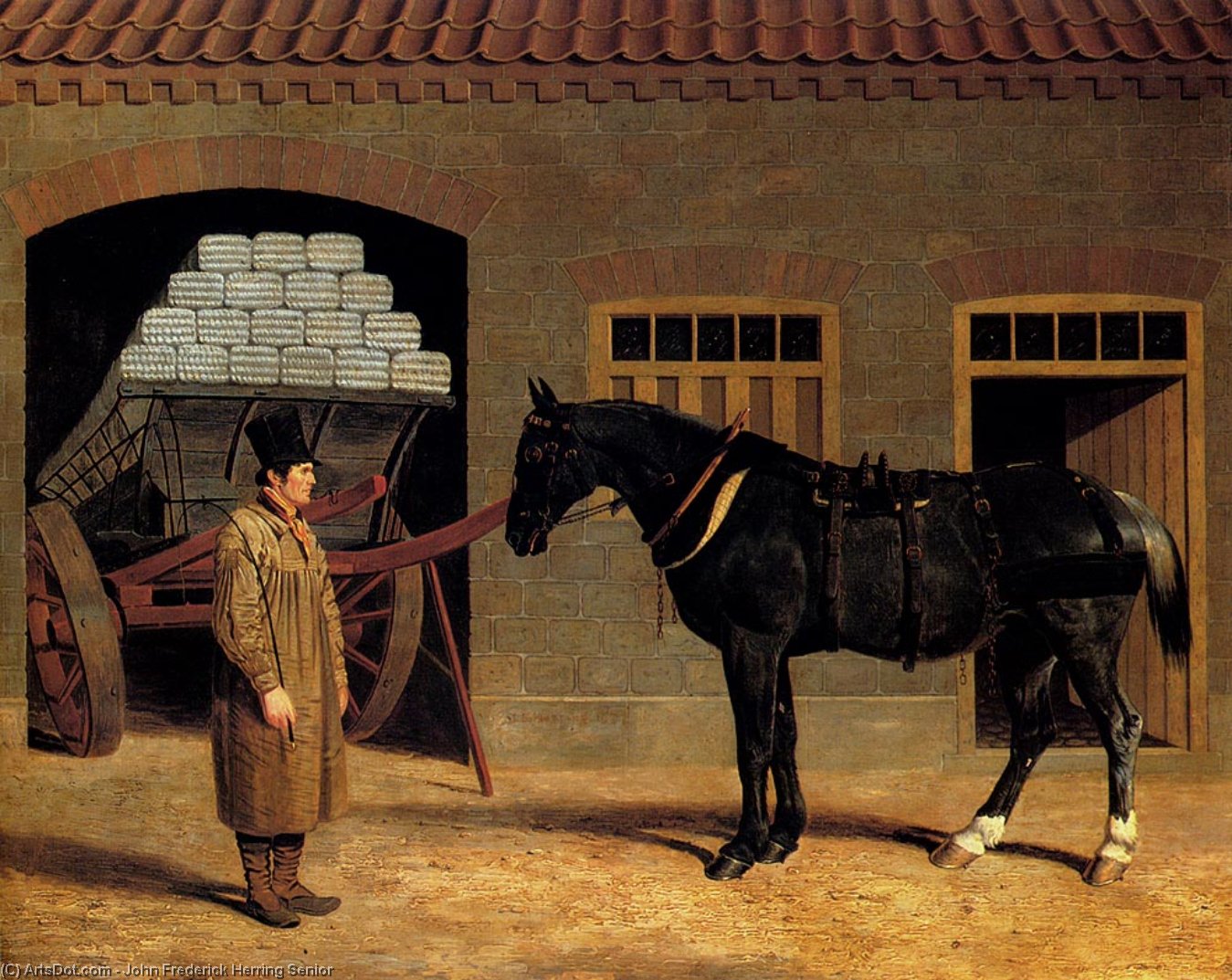 Wikioo.org – L'Encyclopédie des Beaux Arts - Peinture, Oeuvre de John Frederick Herring Senior - un chariot cheval  et  chauffeur  à lextérieur  une  étable