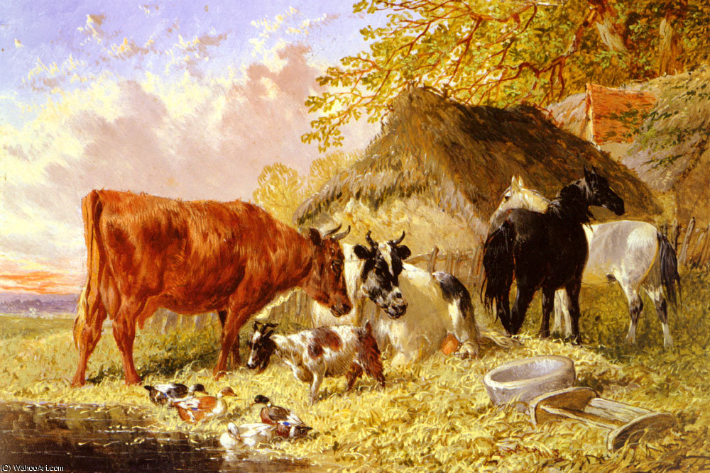 Wikioo.org – La Enciclopedia de las Bellas Artes - Pintura, Obras de arte de John Frederick Herring Junior - Caballos Vacas patos y una cabra por un cortijo