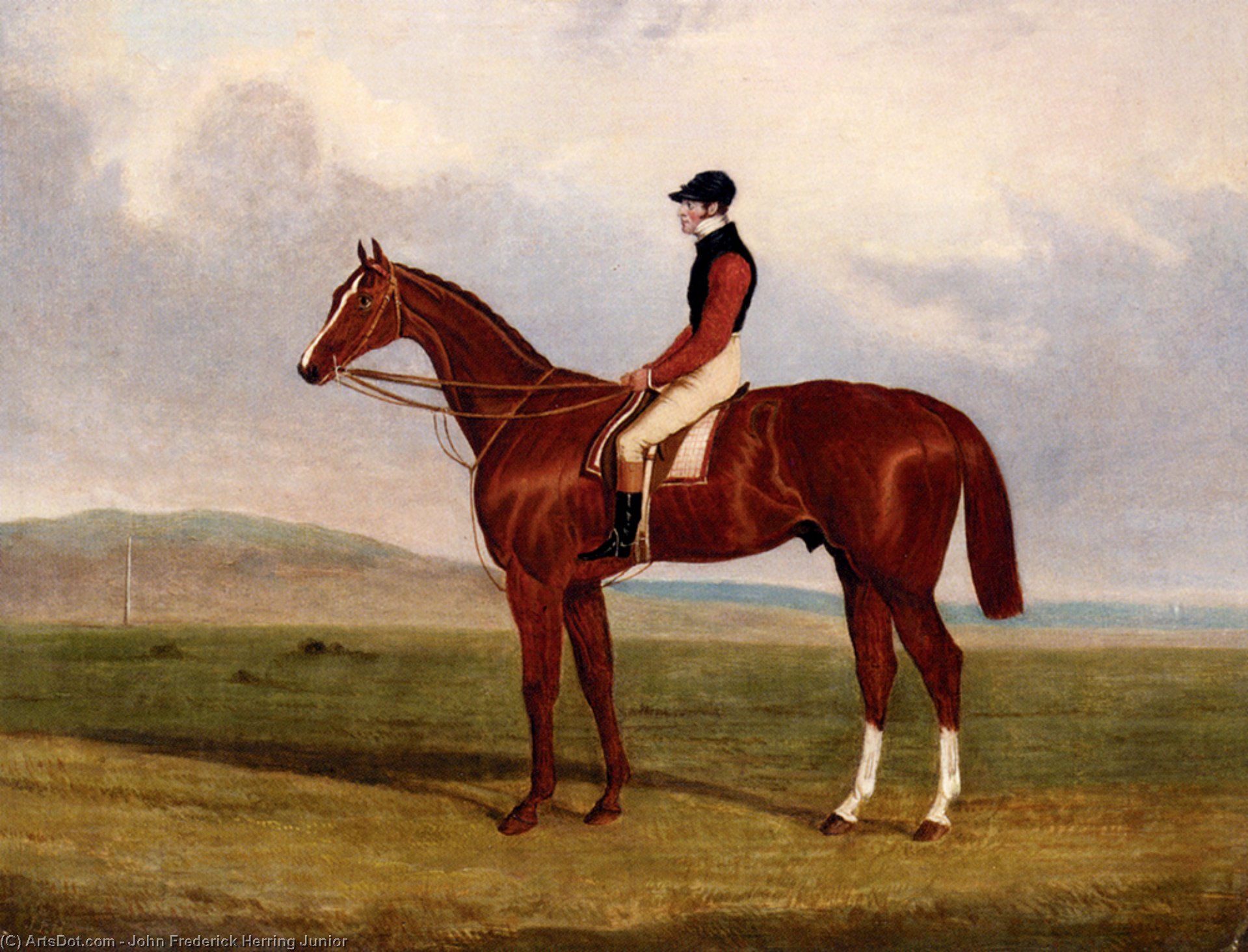 Wikioo.org - The Encyclopedia of Fine Arts - Painting, Artwork by John Frederick Herring Junior - Flexible elis a chestnut racehorse with john day up
