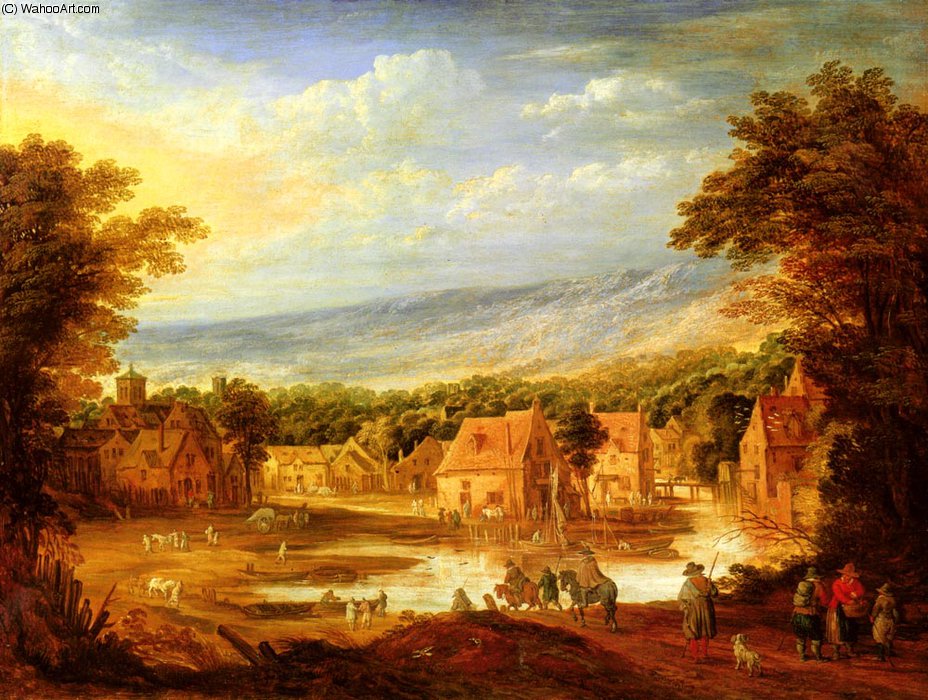 Wikioo.org - The Encyclopedia of Fine Arts - Painting, Artwork by Joos De Momper The Younger - An extensive river landscape with travellers approaching a village