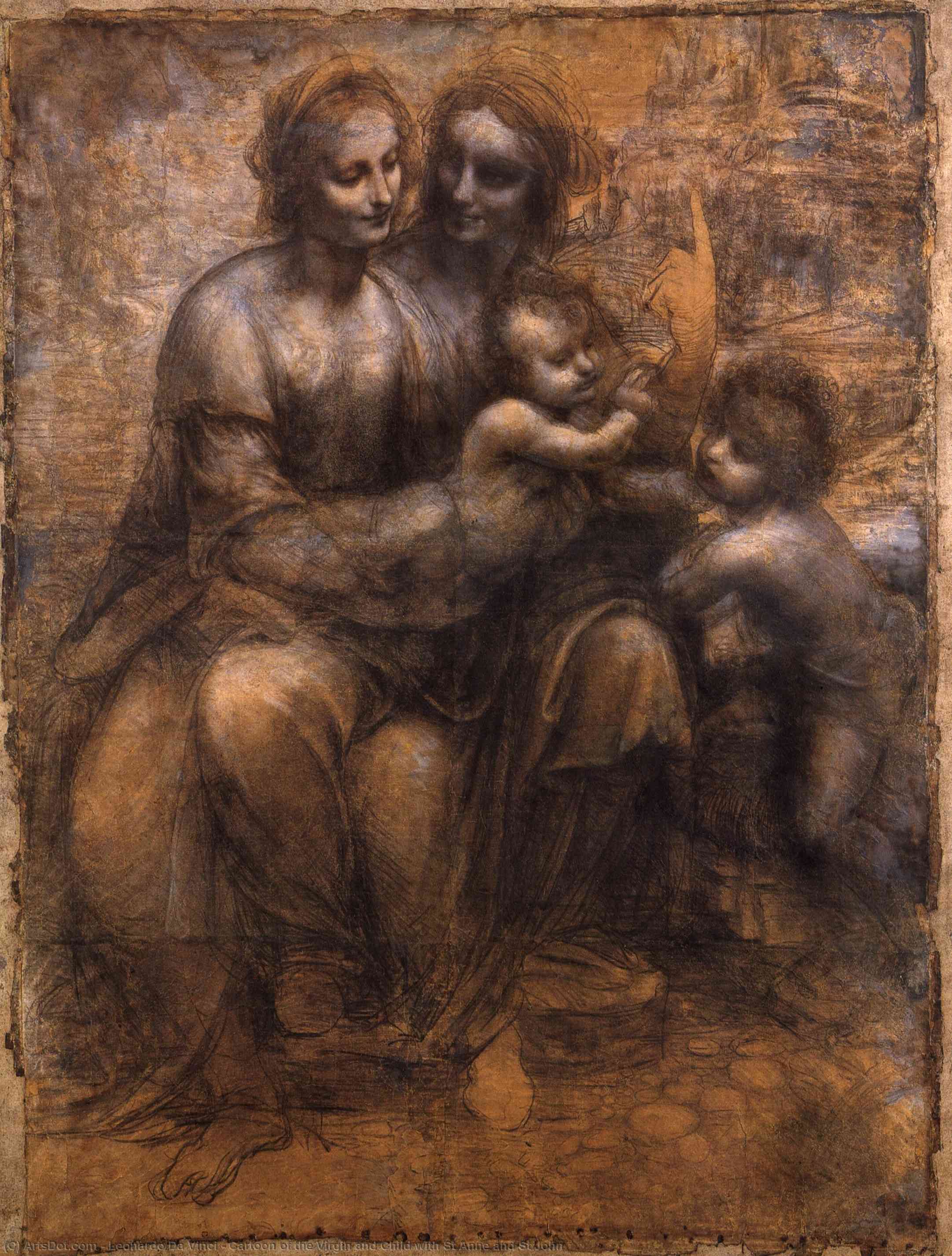WikiOO.org - Enciclopédia das Belas Artes - Pintura, Arte por Leonardo Da Vinci - Cartoon of the Virgin and Child with St Anne and St John