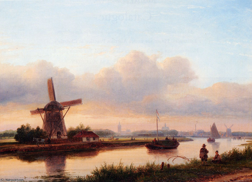WikiOO.org - Encyclopedia of Fine Arts - Maalaus, taideteos Lodewijk Johannes Kleijn - A paroramic summer landscape with barges on the trekvliet