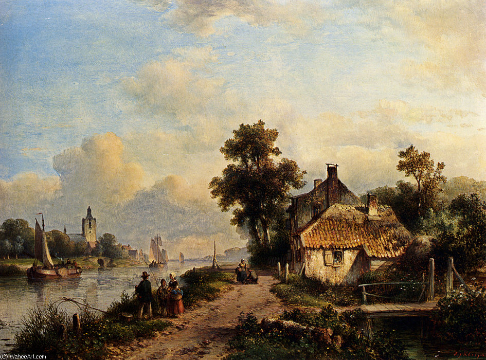 Wikioo.org - The Encyclopedia of Fine Arts - Painting, Artwork by Lodewijk Johannes Kleijn - A summer landscape with figures along a waterway