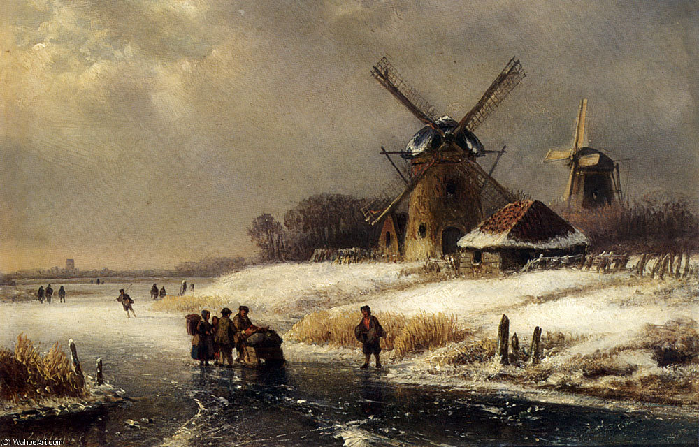 Wikioo.org - The Encyclopedia of Fine Arts - Painting, Artwork by Lodewijk Johannes Kleijn - Figures On AFrozen Waterway By A Windmill