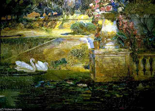 Wikioo.org - The Encyclopedia of Fine Arts - Painting, Artwork by Louis Comfort Tiffany - Mosaic Fountain. Detail of swans