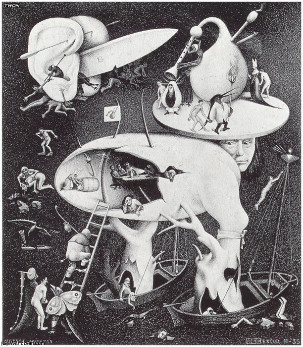 Wikioo.org - The Encyclopedia of Fine Arts - Painting, Artwork by Maurits Cornelis Escher - copy after a scene by Hieronymus Bosch