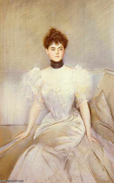 Wikioo.org - The Encyclopedia of Fine Arts - Painting, Artwork by Paul Cesar Helleu - Portrait of lady with a fan