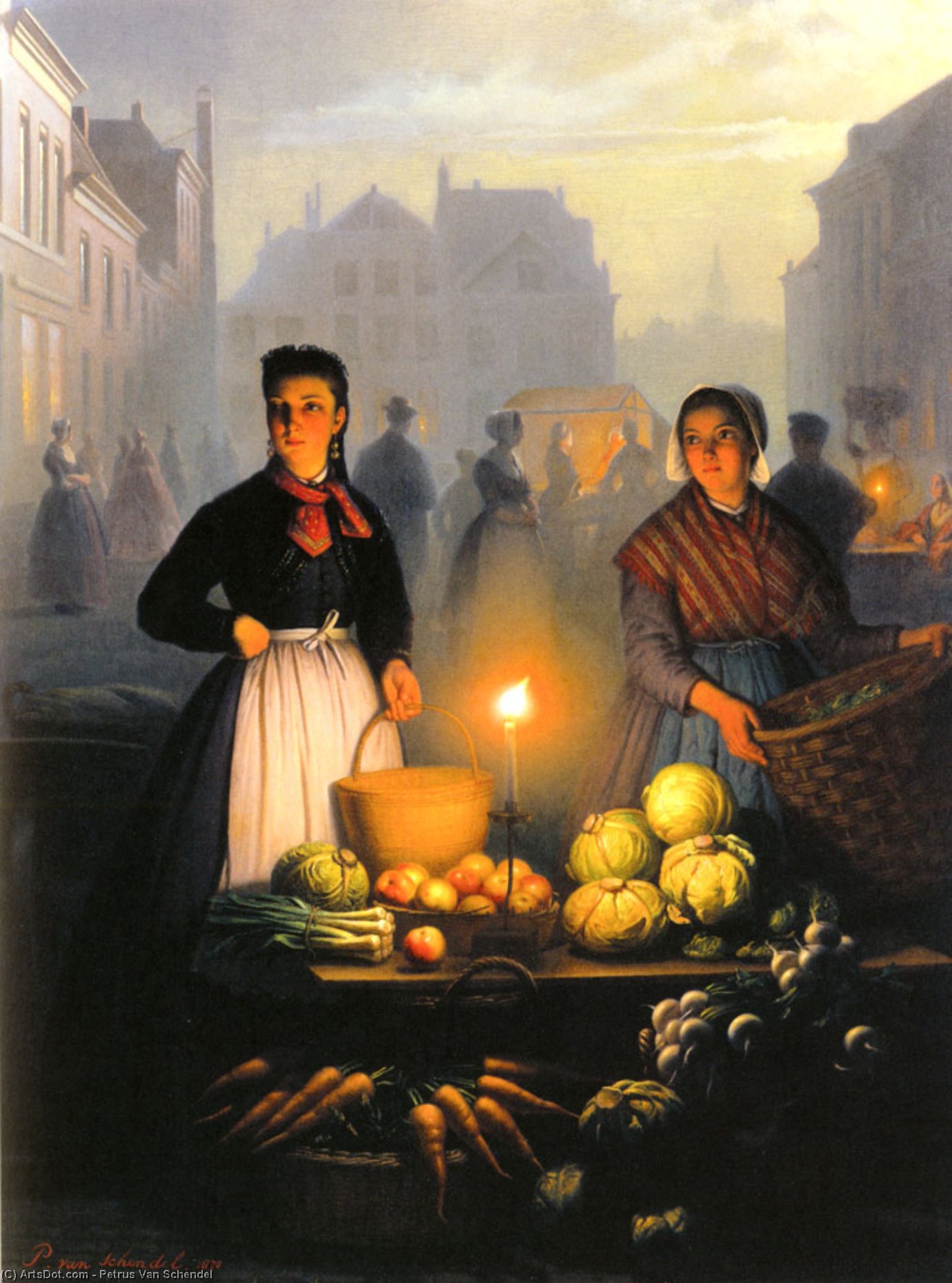 Wikioo.org - The Encyclopedia of Fine Arts - Painting, Artwork by Petrus Van Schendel - A market stall by moonlight