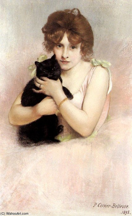 Wikioo.org - The Encyclopedia of Fine Arts - Painting, Artwork by Albert Ernest Carrier Belleuse - Young ballerina holding a black cat