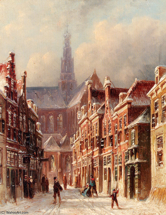 WikiOO.org - Encyclopedia of Fine Arts - Maalaus, taideteos Pieter Gerard Vertin - Petrus Gerardus A Snowy Street with The St Bavo Beyond Haarlem