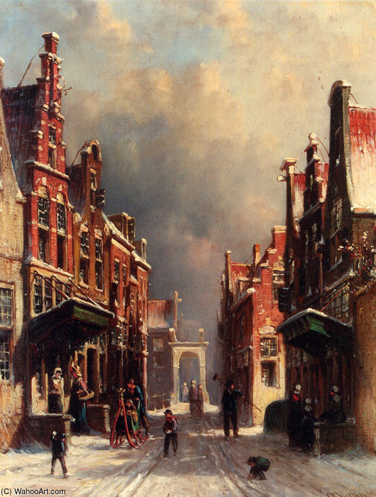 WikiOO.org - Encyclopedia of Fine Arts - Festés, Grafika Pieter Gerard Vertin - Petrus gerardus a town view in winter with figures conversing on porches