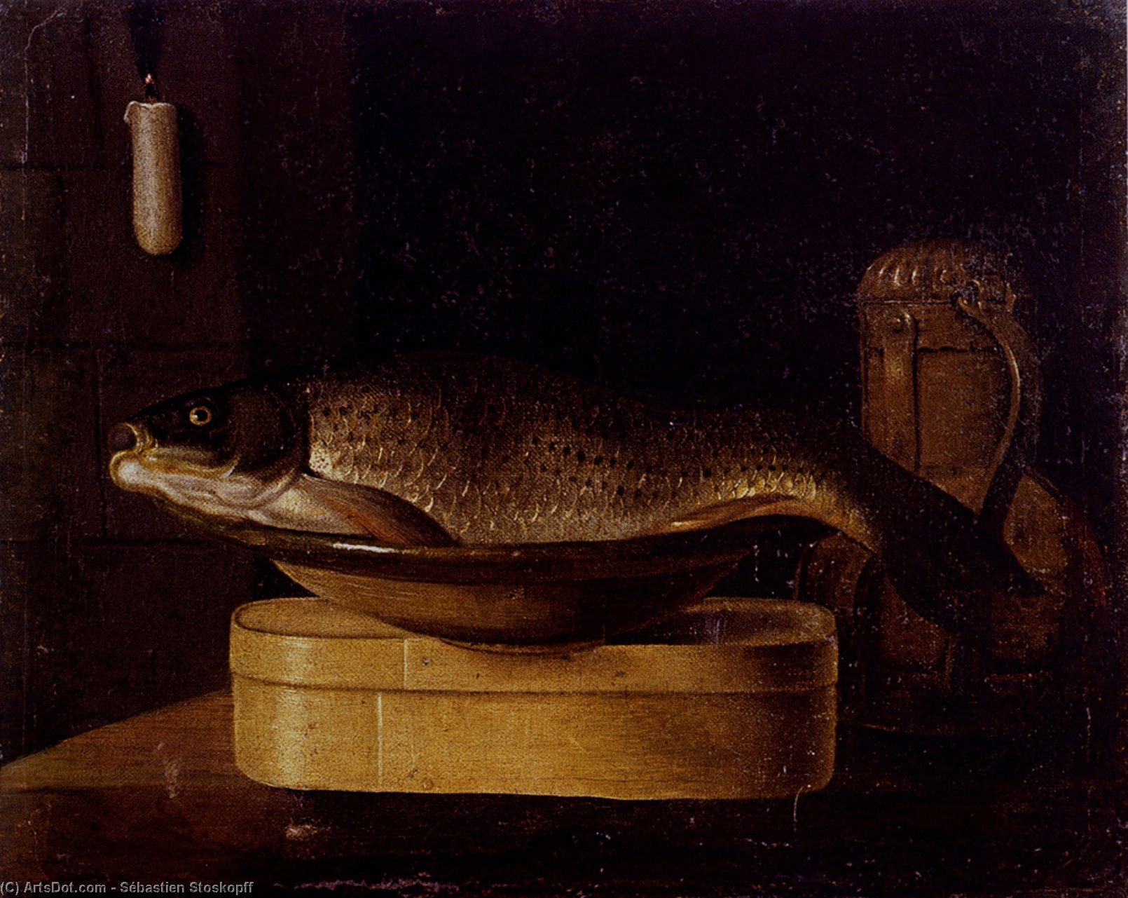 Wikioo.org - Encyklopedia Sztuk Pięknych - Malarstwo, Grafika Sébastien Stoskopff - Still Life Of A carp In A Bowl Placed On A Wooden Box