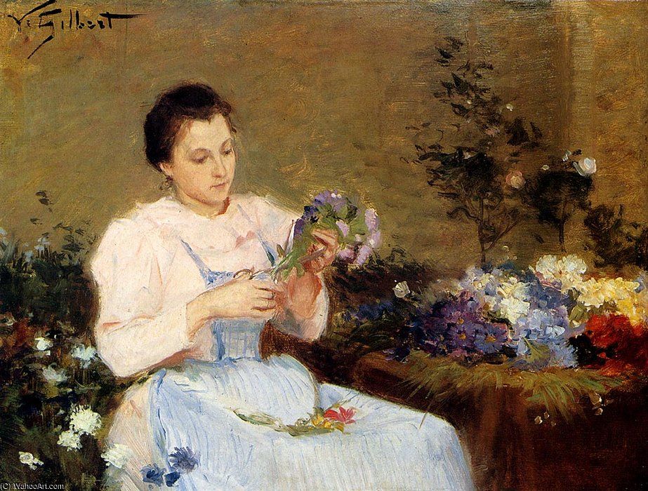 Wikioo.org - Die Enzyklopädie bildender Kunst - Malerei, Kunstwerk von Victor Gabriel Gilbert - Anordnen von Blumen für ein Frühlingsblumenstrauß
