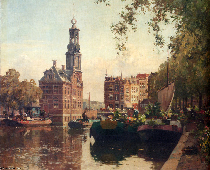 WikiOO.org – 美術百科全書 - 繪畫，作品 Cornelis Vreedenburgh - 在辛格运河阿姆斯特丹超越铸币塔的鲜花市场