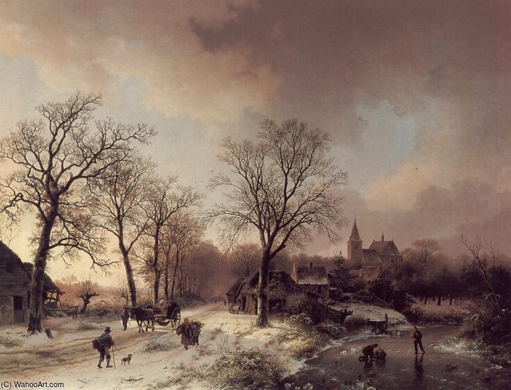 WikiOO.org - Encyclopedia of Fine Arts - Lukisan, Artwork Barend Cornelis Koekkoek - Figures in a Winter Landscape