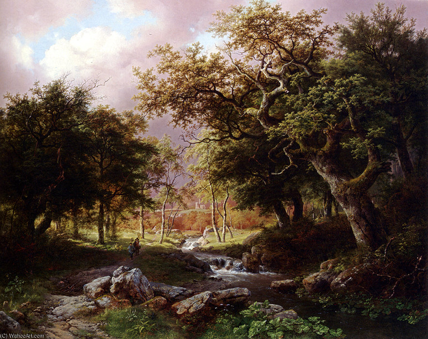 Wikioo.org - The Encyclopedia of Fine Arts - Painting, Artwork by Barend Cornelis Koekkoek - A wooded landscape with figures along a stream