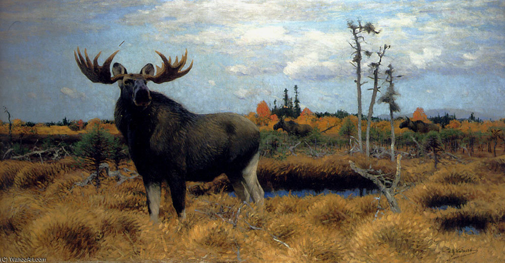 Wikioo.org - The Encyclopedia of Fine Arts - Painting, Artwork by Friedrich Wilhelm Kuhnert - Elks in a marsh landscape