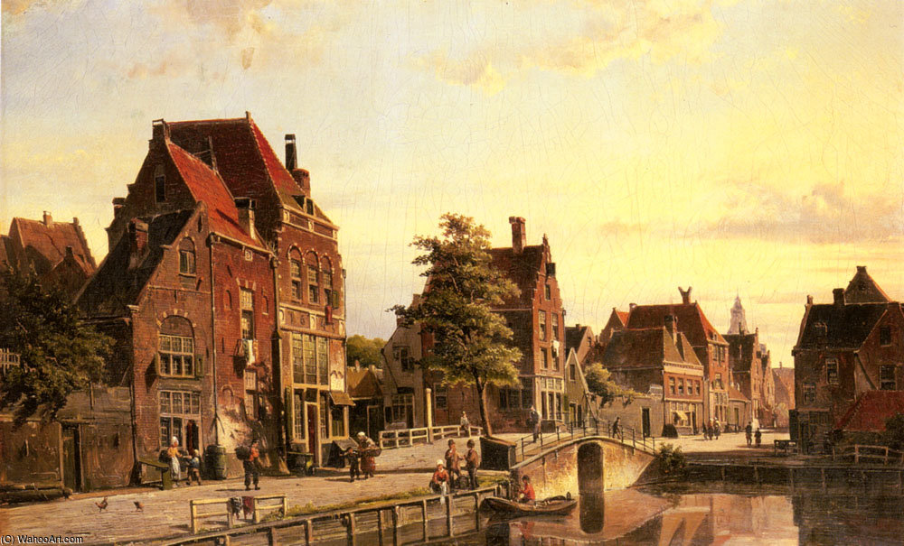 WikiOO.org - 百科事典 - 絵画、アートワーク Willem Koekkoek - オランダの町の運河によって図