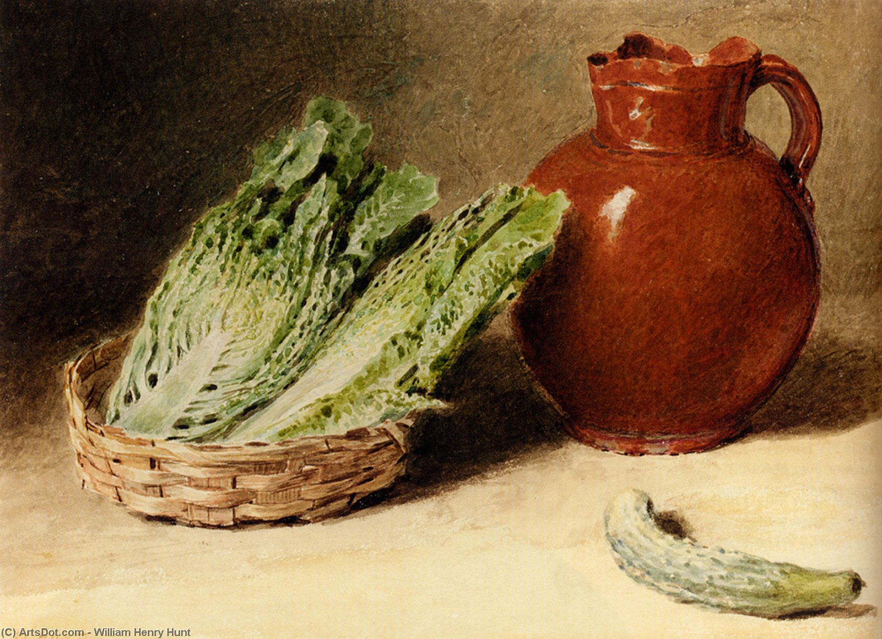 WikiOO.org - Encyclopedia of Fine Arts - Malba, Artwork William Henry Hunt - Still life with a jug a cabbage in a basket and a gherkin