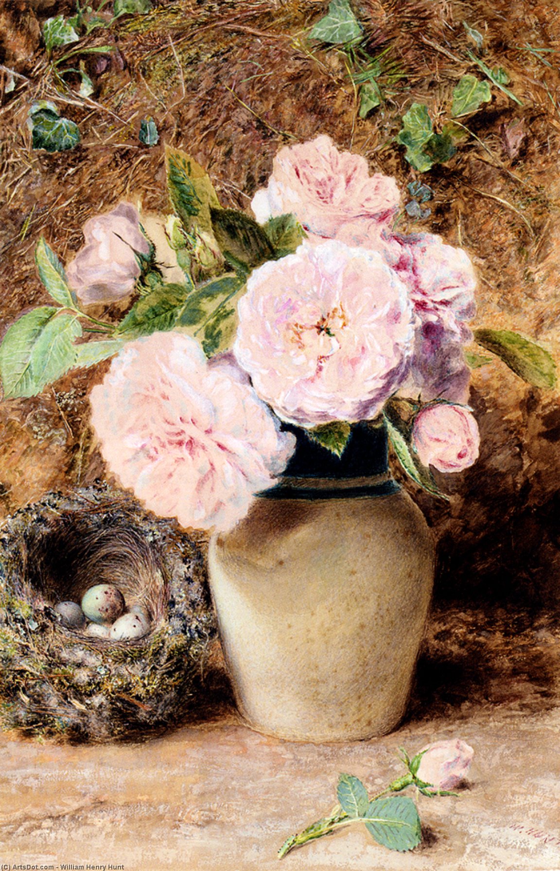 Wikioo.org - The Encyclopedia of Fine Arts - Painting, Artwork by William Henry Hunt - Still Life With roses In A vase And A Birds Nest