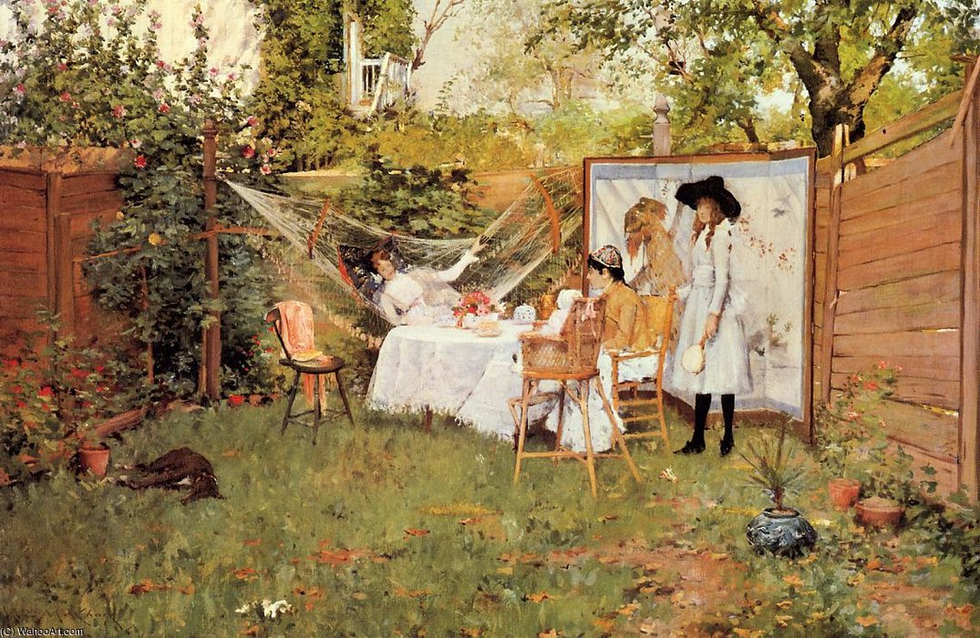 Wikioo.org - The Encyclopedia of Fine Arts - Painting, Artwork by William Merritt Chase - The Open Air Breakfast aka The Backyard Breakfast Out of Doors