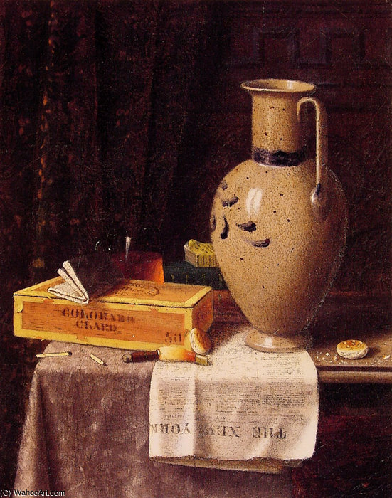 Wikioo.org - The Encyclopedia of Fine Arts - Painting, Artwork by William Michael Harnett - Cigar Box Pitcher and New York Herald