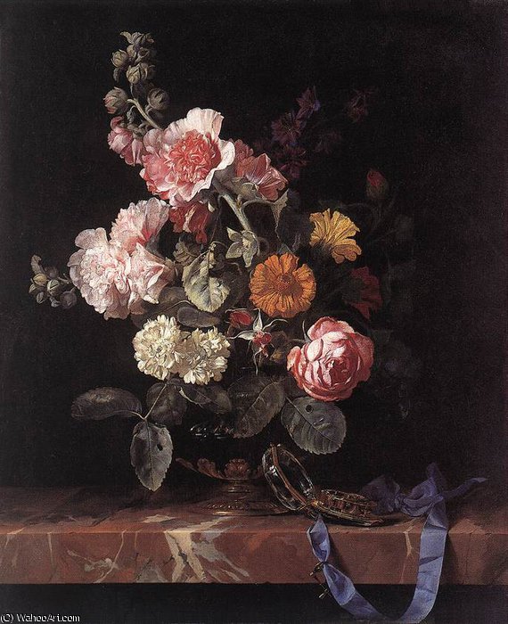 Wikioo.org - The Encyclopedia of Fine Arts - Painting, Artwork by Willem Van Aelst - Vase of flowers with watch