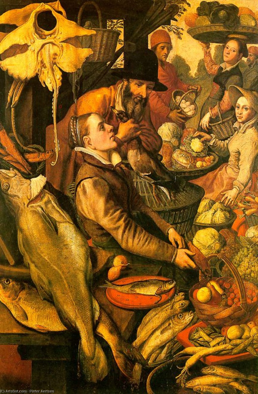 Wikioo.org – L'Enciclopedia delle Belle Arti - Pittura, Opere di Pieter Aertsen - mercato scena , senza data , olio su tavola , Wallraf-Richartz