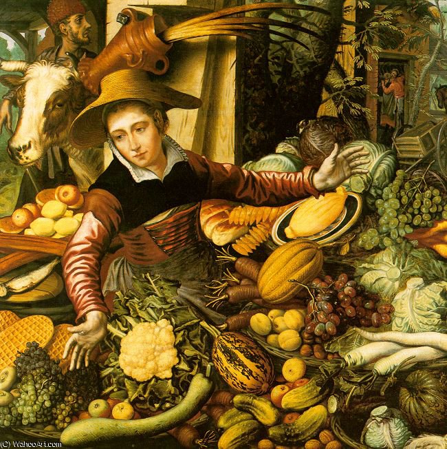 WikiOO.org – 美術百科全書 - 繪畫，作品 Pieter Aertsen - 市场 女人  与  蔬菜  摊子  油  对  木头