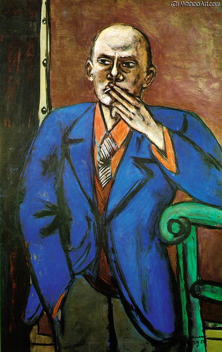 Wikioo.org - The Encyclopedia of Fine Arts - Painting, Artwork by Max Beckmann - Self-Portrait in Blue Jacket, St. Louis A