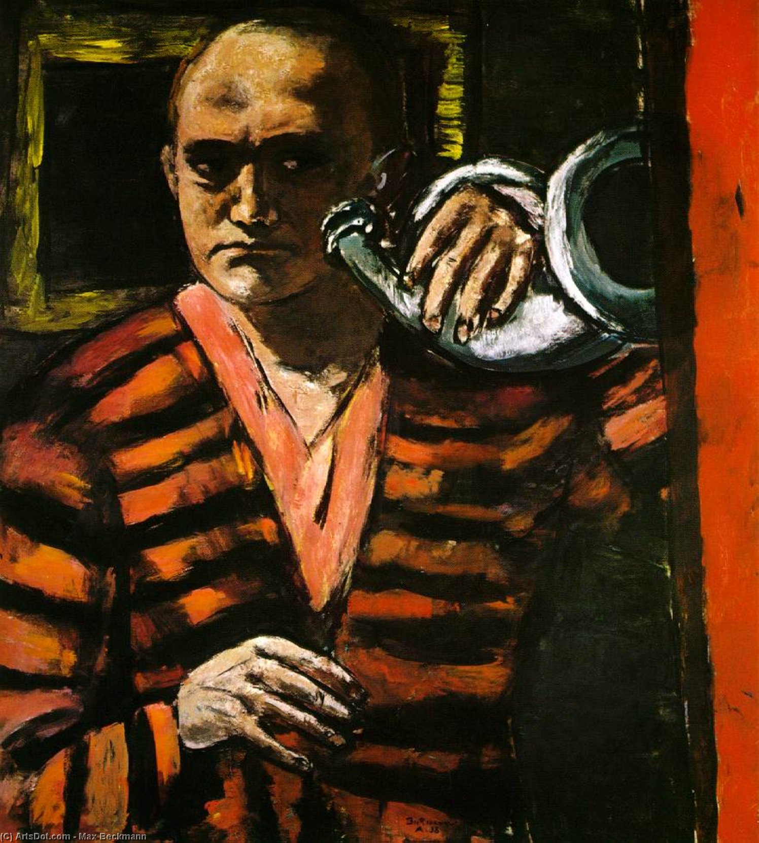 WikiOO.org - Encyclopedia of Fine Arts - Maalaus, taideteos Max Beckmann - Self-Portrait with Horn, Collection Dr. a