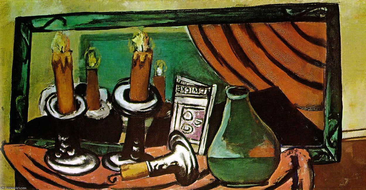Wikioo.org - The Encyclopedia of Fine Arts - Painting, Artwork by Max Beckmann - Still life with candles and mirror, Staat