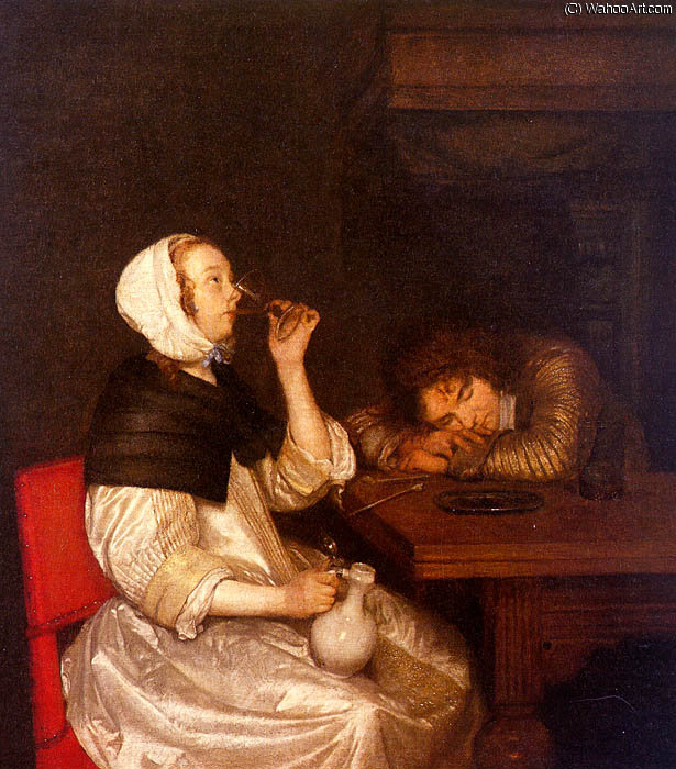 WikiOO.org - 百科事典 - 絵画、アートワーク Gerard Ter Borch The Younger - 女性の飲酒 と一緒に  睡眠  兵士