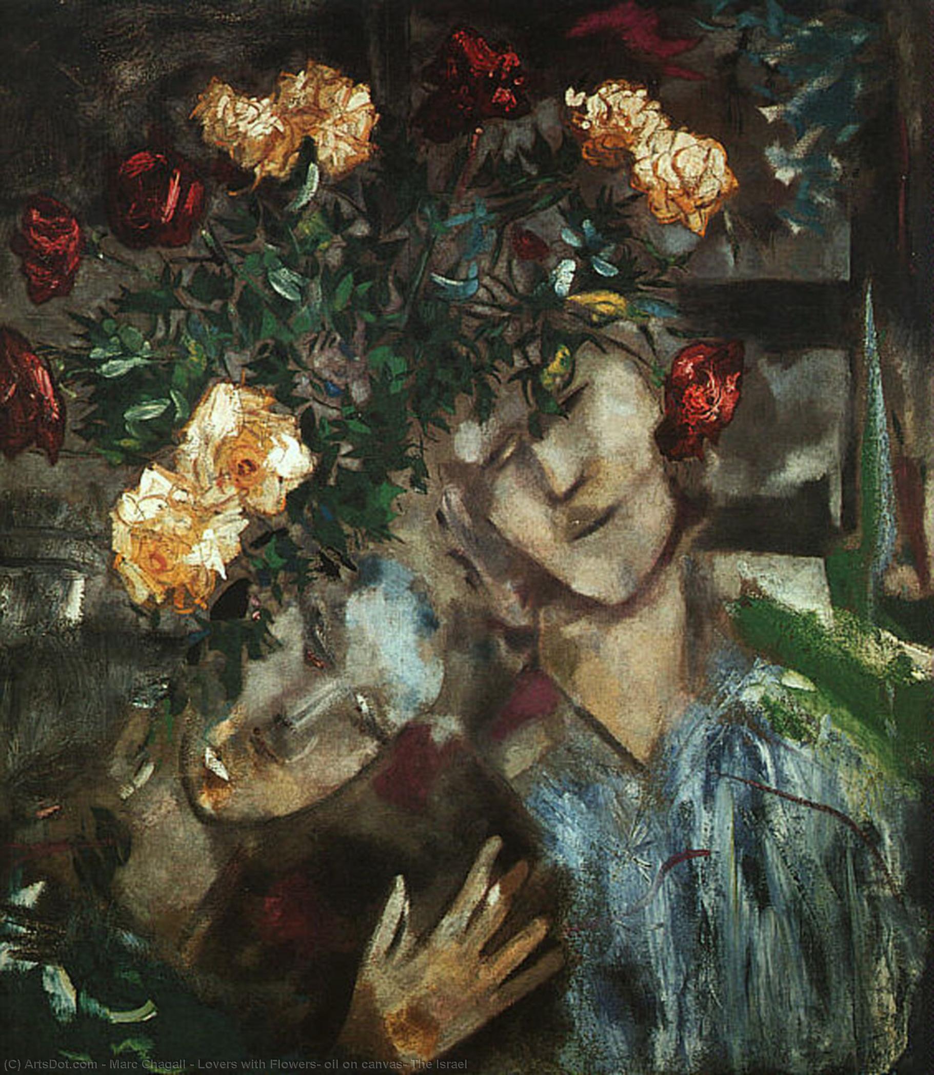 Wikoo.org - موسوعة الفنون الجميلة - اللوحة، العمل الفني Marc Chagall - Lovers with Flowers, oil on canvas, The Israel