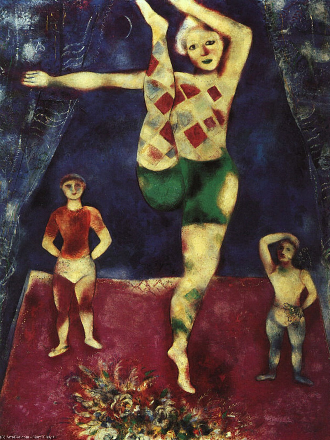 WikiOO.org - Enciclopédia das Belas Artes - Pintura, Arte por Marc Chagall - The Three Acrobats, oil on canvas, private col
